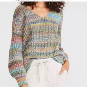 Lou & Grey | Colorful Rainbow Stripe  Sweater Semi Crop Balloon Sleeve XS
